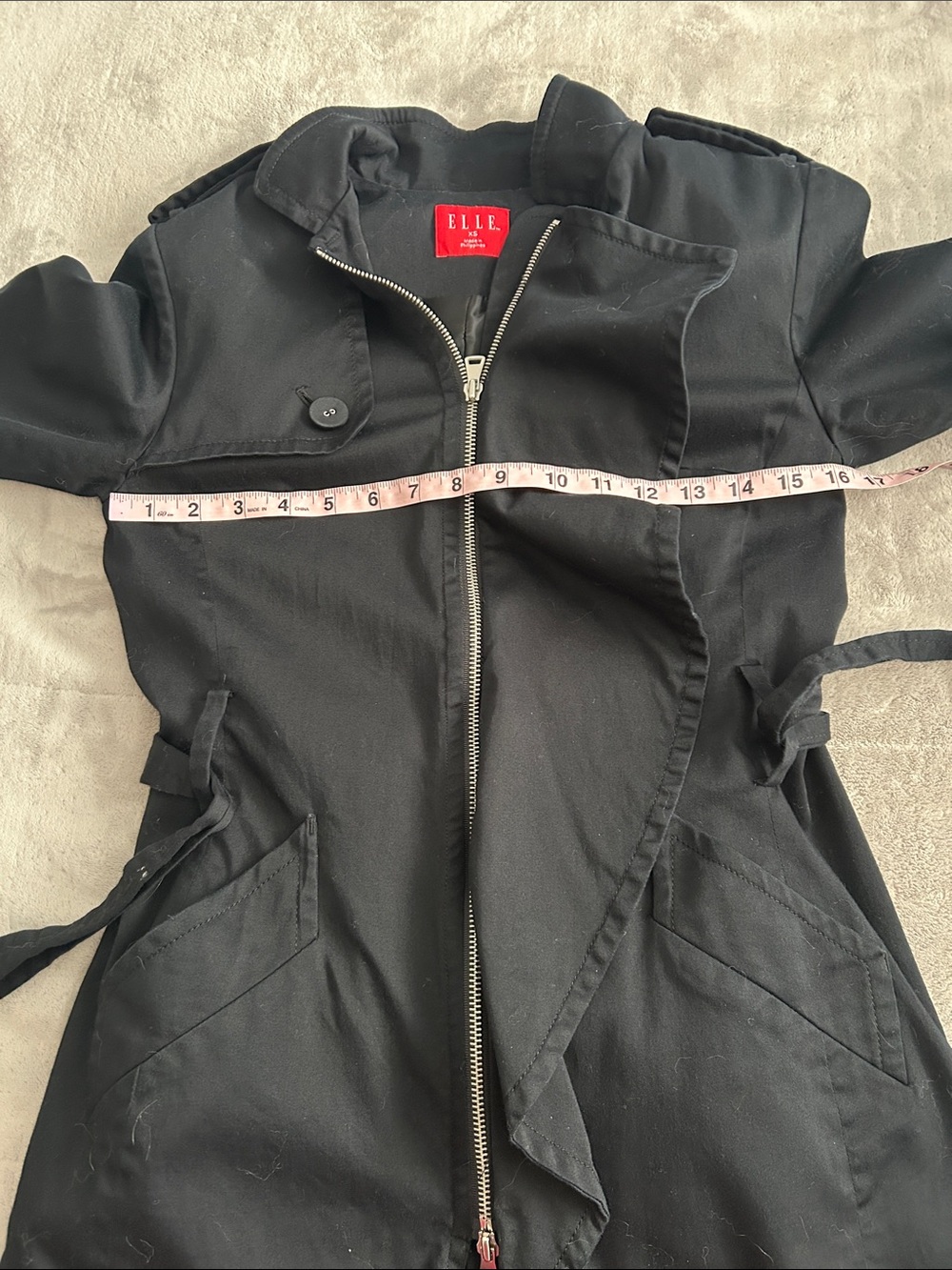 Elle Black Trench Coat with Waist Tie and Zip Front - Picture 9 of 10